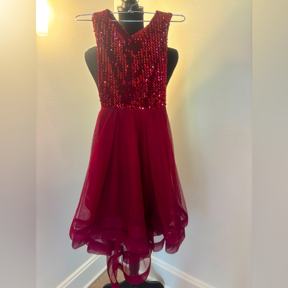 Speechless girls dress. High/Low hemline. Deep red tulle and sequins. Size 12
